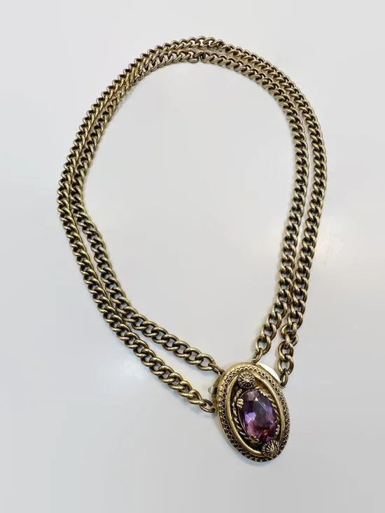 Vintage Necklace, Victorian Revival, Choker, Amethyst, Stone, Purple, Gold - Picture 8 of 8